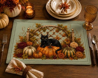 Black Cat on Pumpkins Quilted Placemat | Autumn Harvest Table Decor