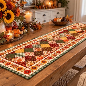 Puede incluir: Un camino de mesa rectangular con un diseño de patchwork de telas con temática otoñal en tonos naranja, amarillo, verde y marrón. El patrón incluye bloques en forma de diamante con motivos florales, de cuadros y de calabazas, bordeado por girasoles.