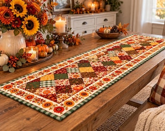 May include: A rectangular table runner featuring a patchwork design of autumn-themed fabrics in shades of orange, yellow, green, and brown. The pattern includes diamond-shaped blocks with floral, plaid, and pumpkin motifs, bordered by a sunflower print.