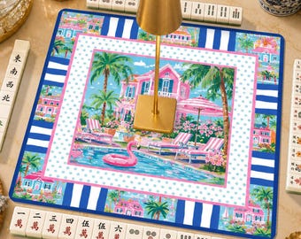 Tapis de mahjong tropical flamant rose, housse de table Mahjong Palm Beach, cadeau Mahj preppy chic pour hôtesse | Housse de table en néoprène| NAVIRES LAMINÉS
