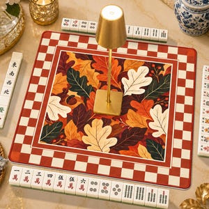 Fall Leaves Mahjong Mat, Orange Checkerboard American Mahjong Game Mat, Autumn Oak Leaf Table Mat, Thanksgiving Mahjong Gift