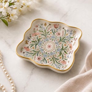 May include: A square ceramic trinket dish with scalloped edges and a gold-painted rim. The interior features a detailed botanical pattern of pink, blue, and yellow wildflowers, green foliage, small butterflies, and bees on a white background.