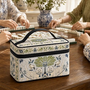 May include: A rectangular fabric vanity case featuring a cream background with a repeating pattern of green palm trees, two spotted leopards, and small birds. The case has a black zipper closure, a top handle, and blue and green floral borders.