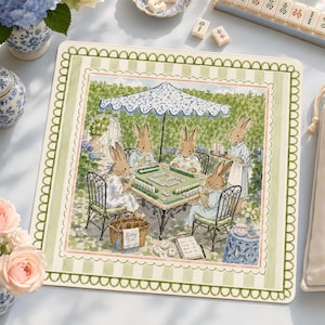 Tea Party Bunny Mahjong Mat, Cottagecore Rabbit Table Cover, Grandmillennial Chic Mahj Gift (Neoprene) image 1