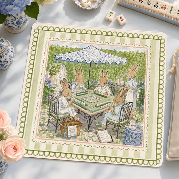 Tea Party Bunny Mahjong Mat, Cottagecore Rabbit Table Cover, Grandmillennial Chic Mahj Gift (Neoprene)