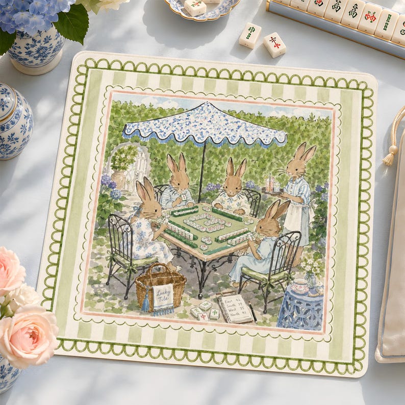 Tea Party Bunny Mahjong Mat, Cottagecore Rabbit Table Cover, Grandmillennial Chic Mahj Gift (Neoprene) image 1