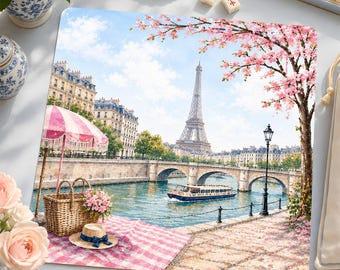 Parisian Cherry Blossom Mahjong Mat, Pink Eiffel Mah Jongg Table Cover, Chic Grandmillennial Mahj Gift| Neoprene Table Cover| SHIPS ROLLED