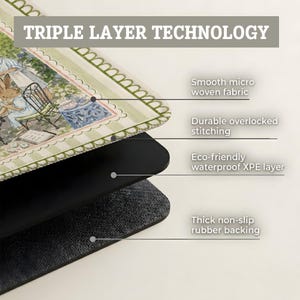 May include: A rectangular mat featuring a triple layer technology diagram. The top layer is a smooth micro woven fabric with a rabbit illustration, followed by a durable overlocked stitched edge, an eco-friendly waterproof XPE layer, and a thick non-slip rubber backing.