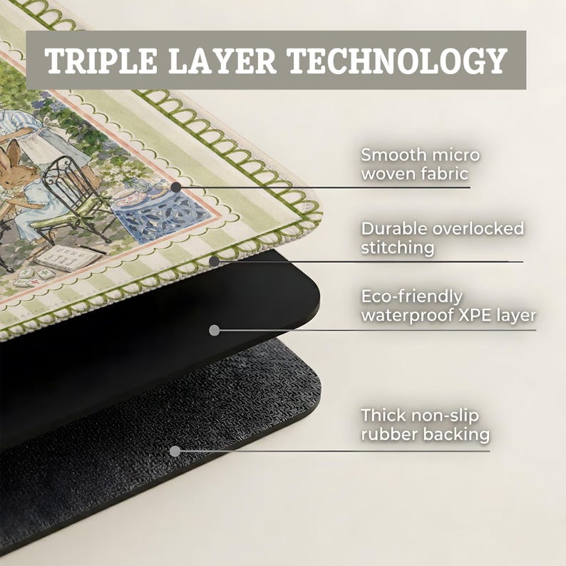 May include: A rectangular mat featuring a triple layer technology diagram. The top layer is a smooth micro woven fabric with a rabbit illustration, followed by a durable overlocked stitched edge, an eco-friendly waterproof XPE layer, and a thick non-slip rubber backing.