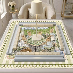 Tea Party Bunny Mahjong Mat, Cottagecore Rabbit Table Cover, Grandmillennial Chic Mahj Gift (Neoprene) image 4