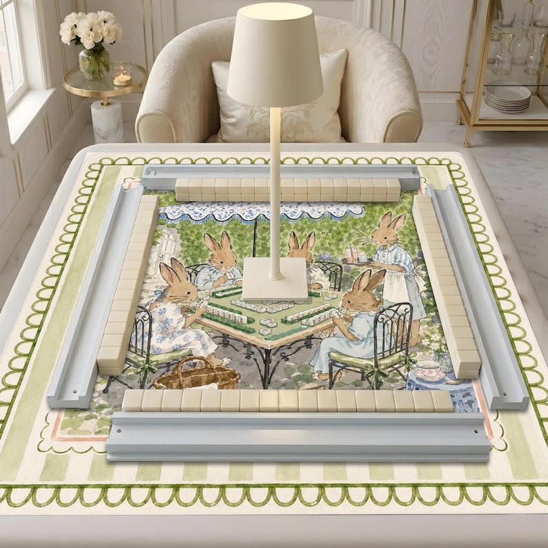 Tea Party Bunny Mahjong Mat, Cottagecore Rabbit Table Cover, Grandmillennial Chic Mahj Gift (Neoprene) image 4