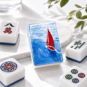 Blue Sailboat Porcelain Mahjong Tiles Set Included Box, Ocean 1.4"x1.0"x0.6" Game Pieces, Hostess Mahjong Gift For Game Night