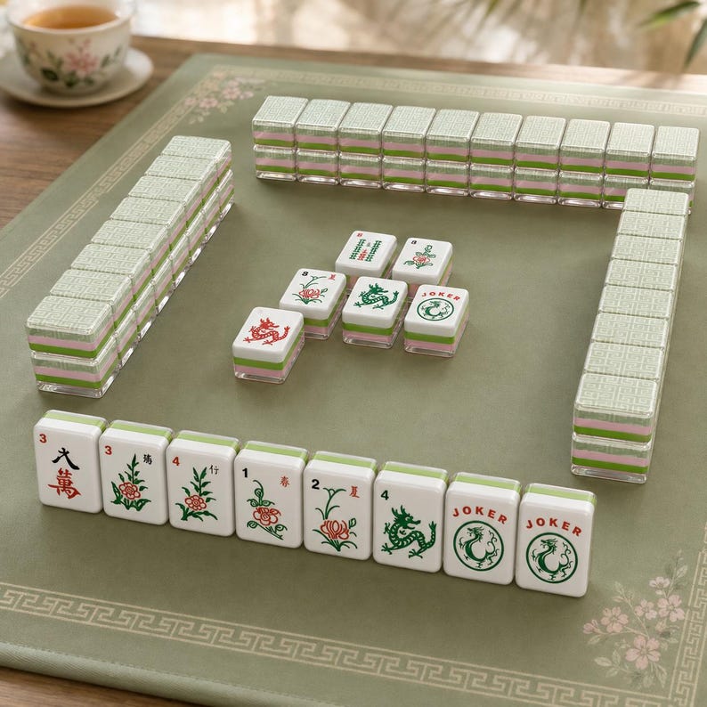 May include: A Mahjong set featuring white tiles with green and red ink illustrations of dragons, flowers, and the word Joker. The tiles have a layered design with a light green and pink base, arranged in rows and stacks on a green mat with floral borders.