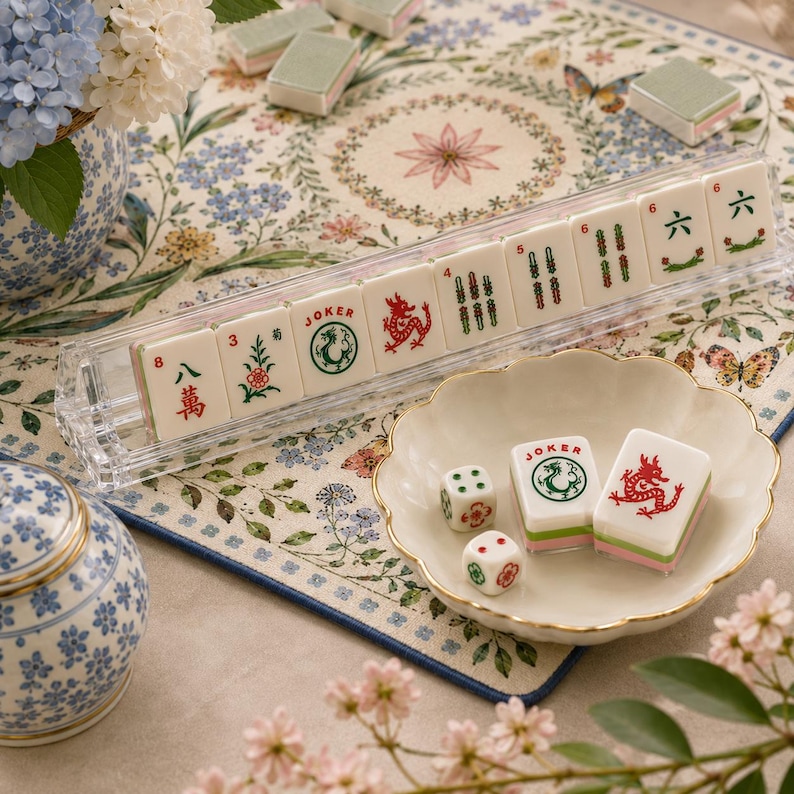 May include: A set of off-white Mahjong tiles featuring red and green ink illustrations of dragons, flowers, and numbers, displayed in a clear acrylic rack, with two loose tiles and two small white dice resting in a scalloped ceramic dish.