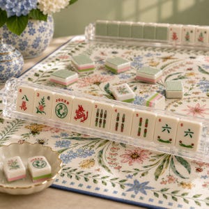 May include: A Mahjong set featuring white tiles with green, red, and black symbols, including dragons, flowers, and numbers. The tiles are arranged in clear acrylic racks on a floral patterned mat, with additional tiles in a small scalloped bowl.