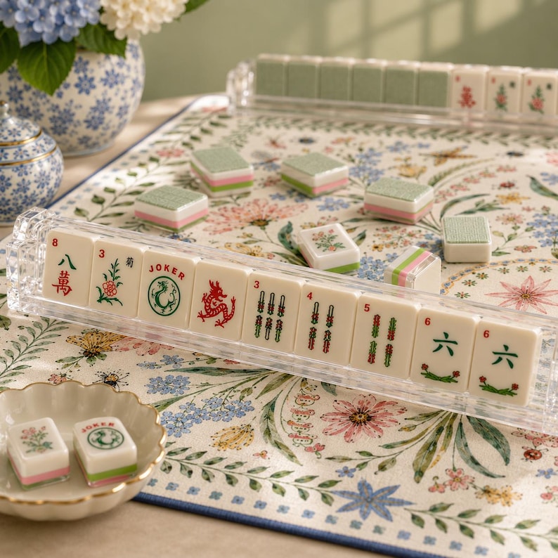 May include: A Mahjong set featuring white tiles with green, red, and black symbols, including dragons, flowers, and numbers. The tiles are arranged in clear acrylic racks on a floral patterned mat, with additional tiles in a small scalloped bowl.