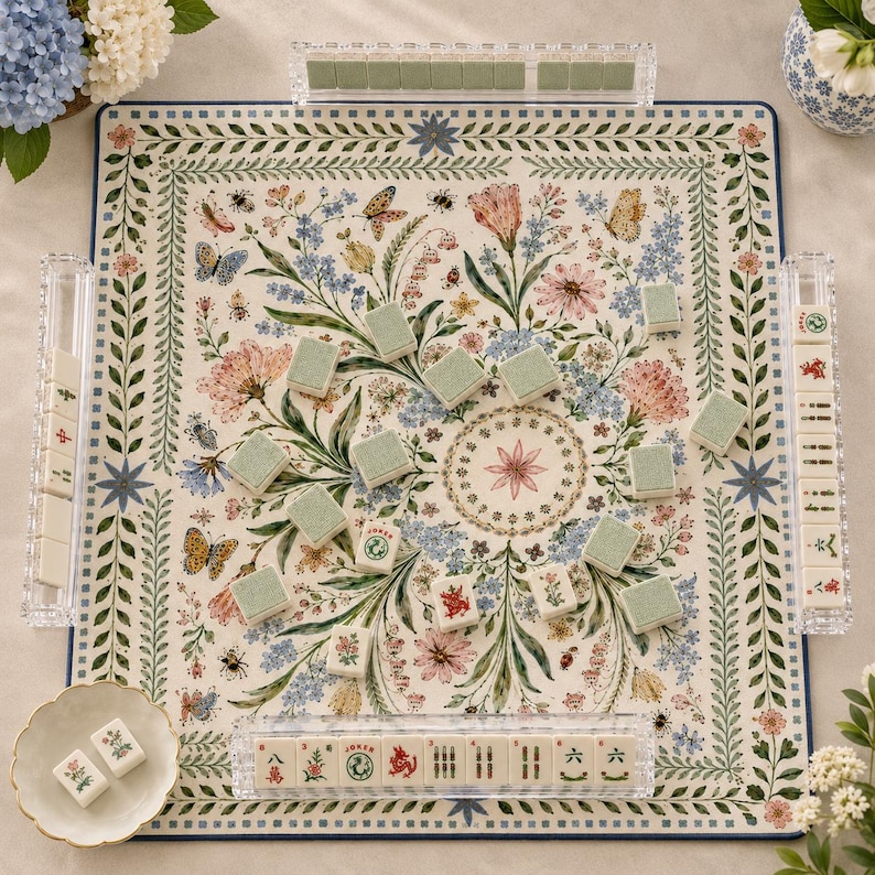 May include: A square mahjong board featuring a cream background with a colorful floral and butterfly pattern, surrounded by a blue border. The set includes clear acrylic tile racks, rectangular tiles with green backs, and tiles with red and green symbols.