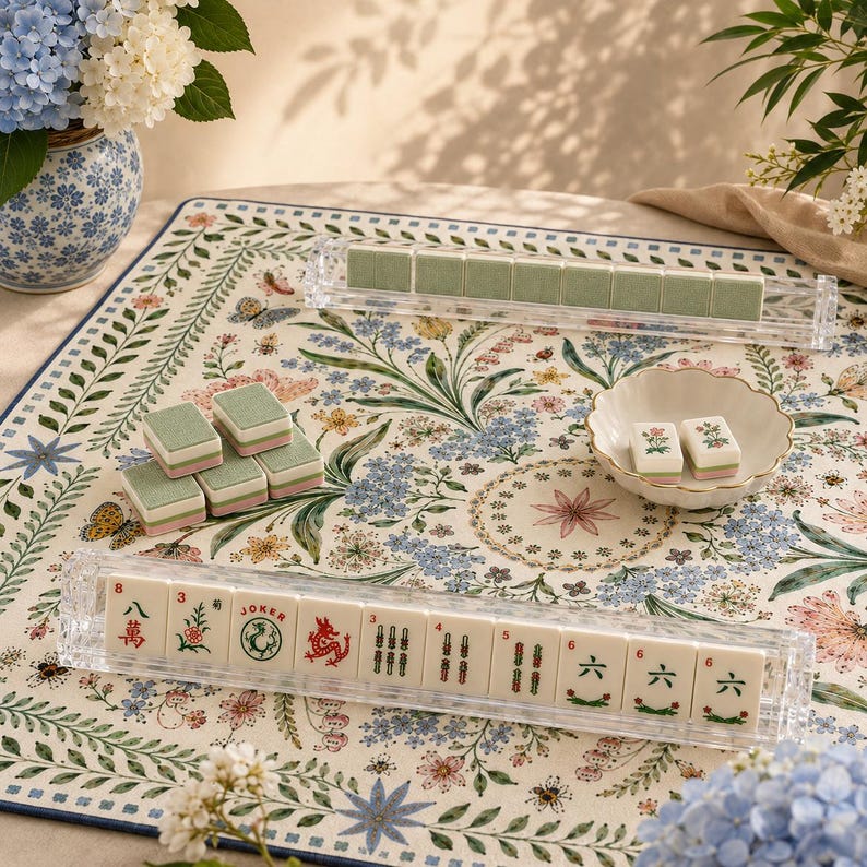 May include: A Mahjong set featuring white tiles with green, red, and black symbols, including numbers, dragons, and floral motifs. The set includes clear acrylic tile racks, a small scalloped ceramic bowl, and a floral patterned game mat.