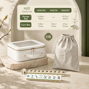 May include: A white rectangular carry box with a clear top and a matching drawstring storage bag. A set of Mahjong tiles is arranged in front. A chart displays dimensions: the storage bag is 11.8in by 15.7in, and the carry box is 9.8in by 7.5in by 3.7in.