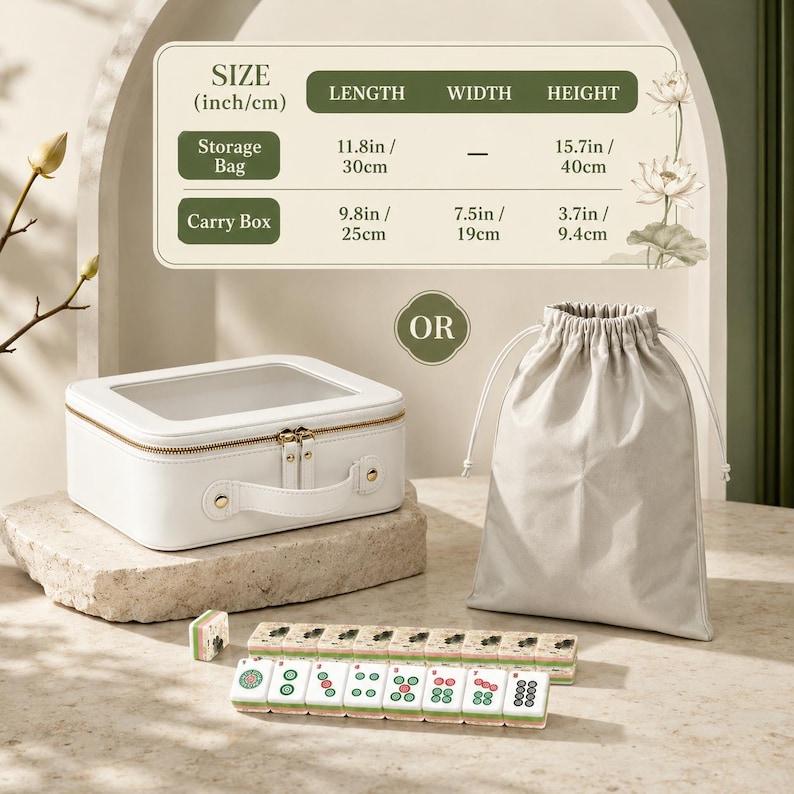 May include: A white rectangular carry box with a clear top and a matching drawstring storage bag. A set of Mahjong tiles is arranged in front. A chart displays dimensions: the storage bag is 11.8in by 15.7in, and the carry box is 9.8in by 7.5in by 3.7in.