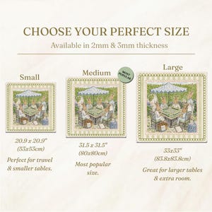 May include: Three square mats featuring a printed illustration of rabbits playing mahjong under an umbrella. Sizes include 20.9 x 20.9 inches, 31.5 x 31.5 inches, and 33 x 33 inches. The mats are available in 2mm and 3mm thickness options.