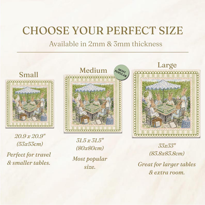 May include: Three square mats featuring a printed illustration of rabbits playing mahjong under an umbrella. Sizes include 20.9 x 20.9 inches, 31.5 x 31.5 inches, and 33 x 33 inches. The mats are available in 2mm and 3mm thickness options.
