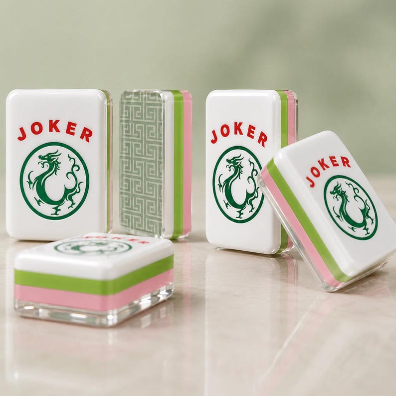 May include: Four rectangular mahjong tiles with white faces, green and pink layered sides, and a clear base. The white faces feature the red text JOKER above a green circular dragon emblem. One tile shows a grey geometric pattern on its side.