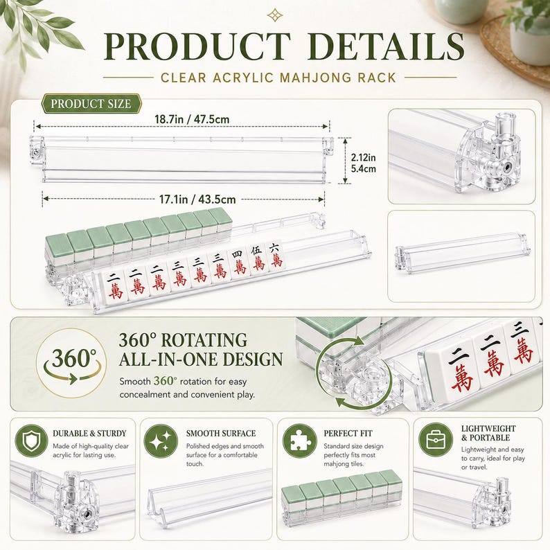 May include: A clear acrylic mahjong rack featuring a 360-degree rotating design. The rack measures 18.7 inches long, 17.1 inches wide, and 2.12 inches high. It includes a smooth surface and is designed to hold standard mahjong tiles securely.