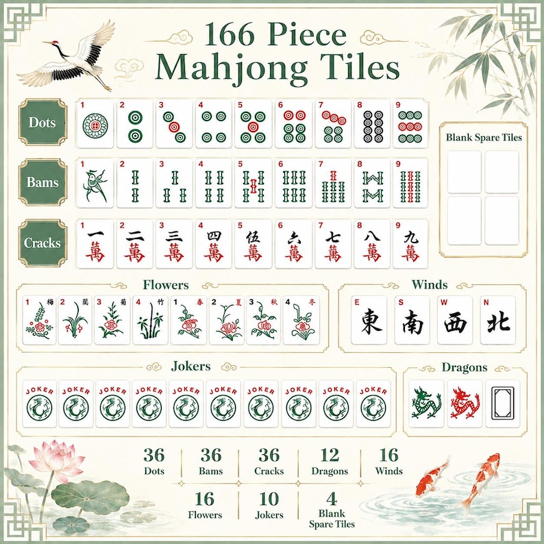 May include: A 166-piece Mahjong tile set reference chart featuring rows of Dots, Bams, Cracks, Flowers, Winds, Jokers, and Dragons. The white tiles display red, green, and black symbols. The chart includes counts for each tile type and decorative illustrations of a crane, bamboo, a lotus flower, and koi fish.