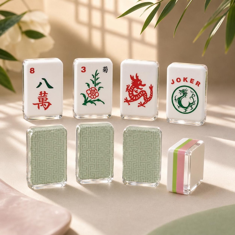 May include: A set of rectangular Mahjong tiles with white faces featuring red and green printed designs, including Chinese characters, a flower, a dragon, and the word JOKER. The reverse sides have a light green geometric pattern.