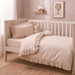 Personalized Ruffled Gingham Baby Bedding Set, Custom Name Embroidered Crib Duvet Cover, Checkered Linens