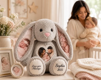 Personalized Baby Photo Bunny Plush, Custom Newborn Keepsake Stuffed Animal, Name Text Gift for Baby Girl, Mom, Family Memory Gift 2025 Love