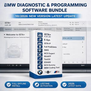 Pode incluir: Uma caixa de software branca rotulada BMW DIAGNOSTIC & PROGRAMMING SOFTWARE BUNDLE 10/2026 NEW VERSION LATEST UPDATE. A caixa lista ISTA+, E-Sys, ISTA-P, Full PsdZdata, INPA, NCS Expert, WinKFP, Tool32, EDIABAS, NCS Dummy e BMW Coding Tool.