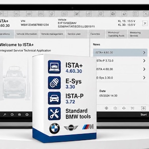 Op de afbeelding: Een witte rechthoekige softwaredoos met blauwe iconen en tekst voor ISTA+ 4.60.30, E-Sys 3.30, ISTA-P 3.72 en Standard BMW tools, met BMW, MINI en M logo's, geplaatst voor een laptopscherm dat de ISTA+ software-interface weergeeft.