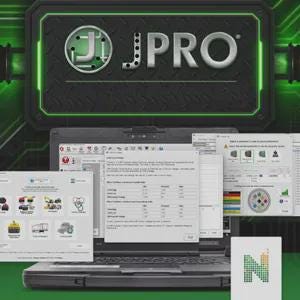 May include: A black laptop displaying diagnostic software with multiple open windows and data tables. Above the laptop, a dark rectangular sign features the text JPRO in silver lettering with a green glowing border and a circuit board graphic.