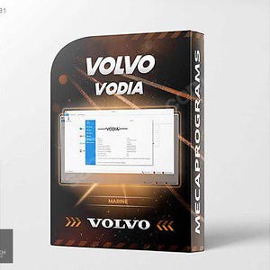 May include: A black and orange software box for Volvo VODIA diagnostic tools. The front features the text VOLVO VODIA, MARINE, and VOLVO, with a central graphic showing a computer interface. The side panel displays the text MEGAPROGRAMS vertically.