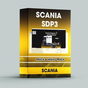 Może przedstawiać: Prostokątne pudełko z oprogramowaniem o żółto-czarnym gradiencie. Tekst zawiera napisy SCANIA SDP3, TRUCK & HEAVY TRUCK oraz SCANIA. W centrum znajduje się zrzut ekranu interfejsu Scania Diagnos 3 & Programmer przedstawiający ciężarówkę.