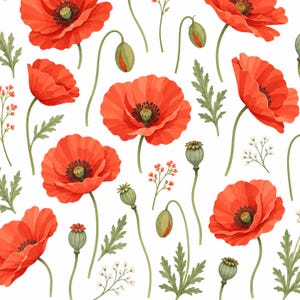 Könnte beinhalten: Ein sich wiederholendes Muster aus leuchtend roten Mohnblumen mit dunklen Zentren, grünen Stielen und strukturierten Samenkapseln. Die Illustration enthält zartes grünes Blattwerk und kleine weiße Füllblumen auf weißem Grund.