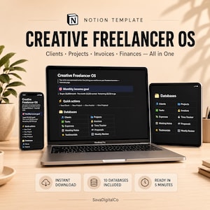 May include: A digital Notion template titled Creative Freelancer OS displayed on a laptop, tablet, and smartphone. The interface features sections for clients, projects, invoices, and finances, with icons for databases including tasks, expenses, and time tracking.