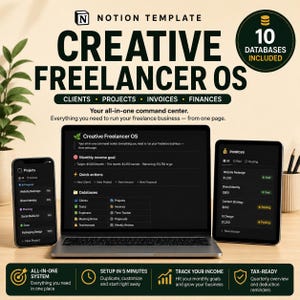 以下が含まれることがあります： ノートパソコン、スマートフォン、タブレットに表示されたNotionテンプレート「Creative Freelancer OS」。インターフェースにはクライアント、プロジェクト、請求書、財務のデータベースが含まれています。テキストには「10 databases included」と記載されています。