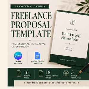 May include: A digital freelance proposal template for Canva and Google Docs featuring a dark green and cream color scheme. The document cover displays the text Proposal for Your Project Name Here, with icons for 16 Canva pages, 18 Google Docs pages, and 3 bonus templates.