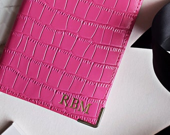 Hot pink embossed leather monogram passport holder - pink travel case, pink passport case, embossed in gold