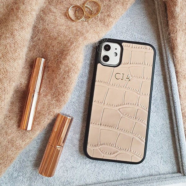 Personalised Peach croc pattern phone case - iPhone 11 case, peach, gold embossed, iPhone XR case, iPhone XS MAX monogrammed case