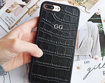 Black croc effect leather monogram case - iPhone 13 case, iPhone 12 leather case, leather, personalised Samsung S22 Ultra, S22 Plus case