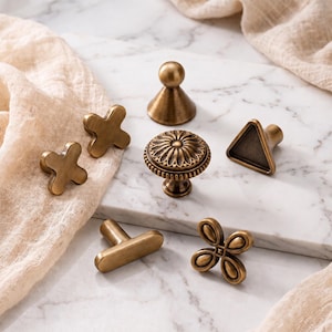 May include: A collection of six antique brass cabinet knobs in various shapes, including a round floral embossed knob, a conical knob, a triangular knob, a T-bar knob, and two different cross-shaped designs with smooth, brushed metal finishes.