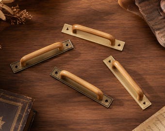 Brass and Wood Cabinet Handles, Modern Drawer Pulls, Minimalist Gold Kitchen Hardware, Unique Wood Furniture Knobs for Dresser