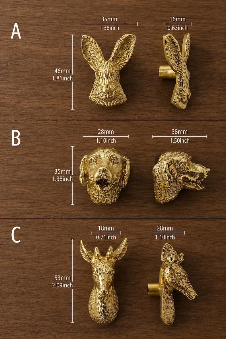 Puede incluir: Tres juegos de pomos para armarios de metal dorado con forma de animal etiquetados A, B y C. El A es un conejo de 35mm de ancho por 46mm de alto. El B es un perro de 28mm de ancho por 35mm de alto. El C es un ciervo de 18mm de ancho por 53mm de alto.