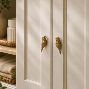 Può includere: Due pomelli per armadi color ottone a forma di piccoli uccelli, montati su una coppia di ante di armadio color bianco sporco con pannelli verticali. Le figure degli uccelli presentano texture dettagliate che rappresentano le piume.