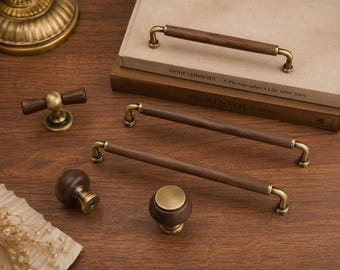 Walnut Wood Cabinet Handles, Modern Drawer Pulls, Gold Furniture Hardware, Minimalist Kitchen Cabinet Knobs, Unique Wood Pulls