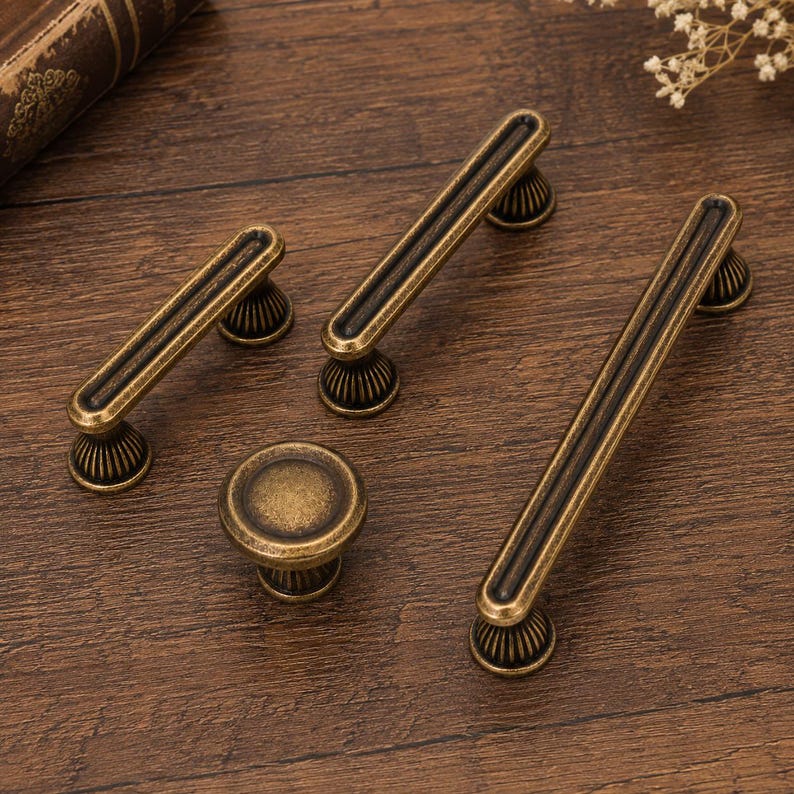 Solid Brass Cabinet Pulls & Knobs, Vintage Retro Drawer Handle, Decorative Cupboard Hardware, Unique Antique Brass Pull for Kitchen Door image 1